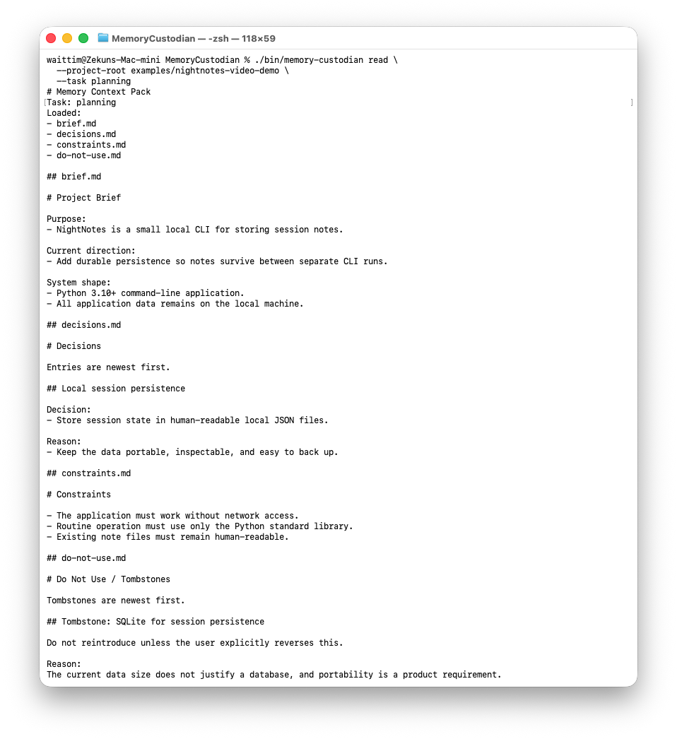 Terminal output of memory-custodian read for the NightNotes planning task, showing JSON persistence, offline constraints, and the SQLite tombstone