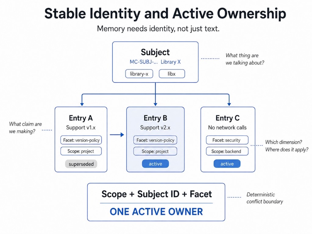 Stable Identity and Active Ownership — Subject IDs identify the entity, Entry IDs identify claims, while Scope and Facet define the active ownership boundary.